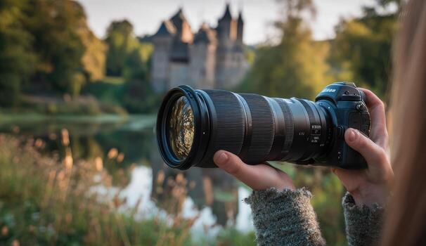 Person holding camera, focusing on castle in background photo