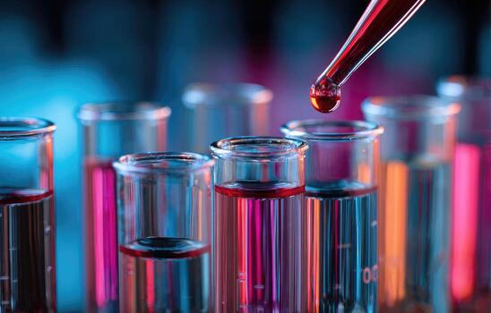 Colorful test tubes with liquid, a dropper adds a drop photo