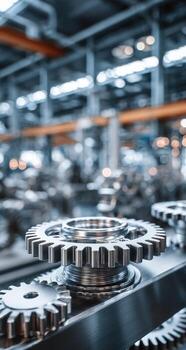 Close-up of interlocking gears in a factory photo