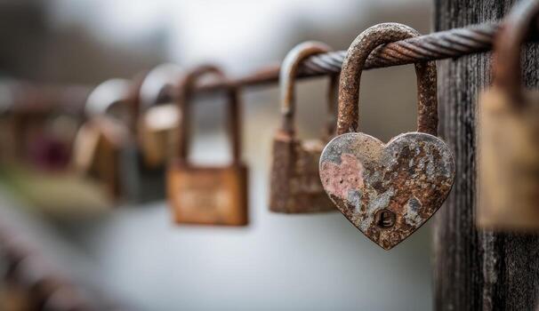 Rusty heart-shaped padlocks on a wire fence photo