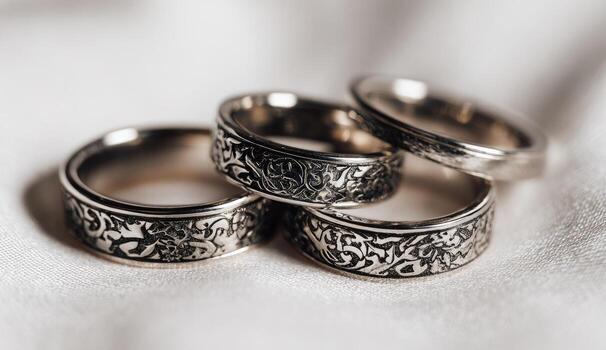 Three engraved rings, stacked, on a soft white surface photo