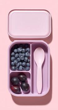 Pink lunchbox with blueberries and plums photo