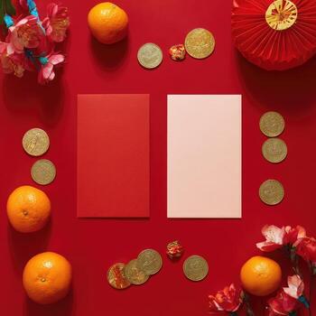 Red and pink envelopes, gold coins, oranges, and flowers arranged on a red background for a Lunar New Year aesthetic photo