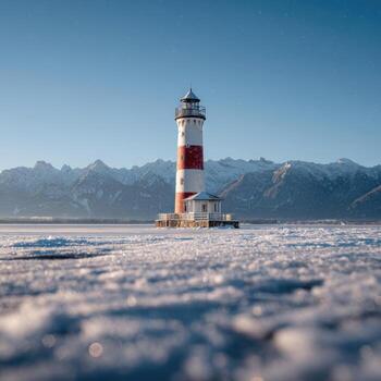 Lighthouse on frozen lake, mountains in background photo