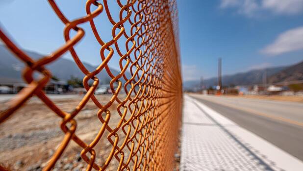 Close-up of rusty orange chain-link fence, blurred background of road and mountains photo