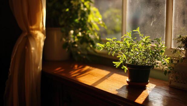 Sunlight streams into a room, illuminating houseplants on a windowsill photo