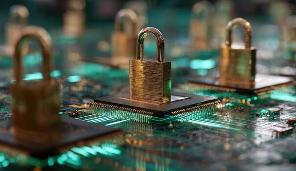 Gold locks atop computer circuit boards photo