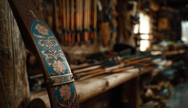 Ornate bow, intricately decorated with floral designs in a rustic workshop photo