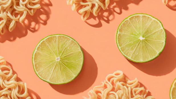 Lime slices and noodles on peach background photo