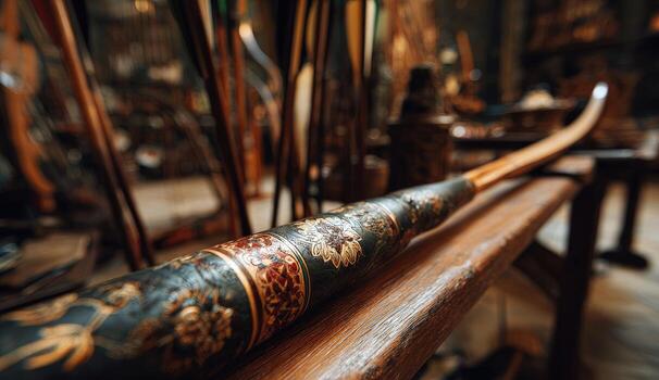 Ornate wooden bow resting on a rustic table photo