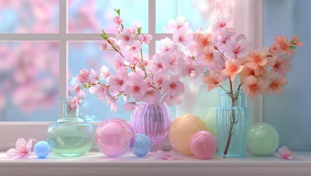 Pastel-toned cherry blossoms in vases on a windowsill, with colorful orbs photo