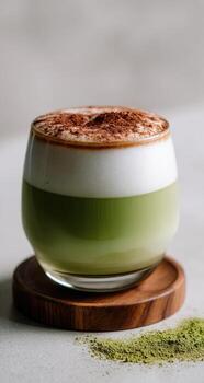 A matcha latte in a glass, topped with cocoa powder photo