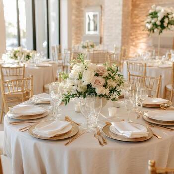 Elegant wedding reception, round tables set with white and blush floral centerpieces, gold flatware and linens photo