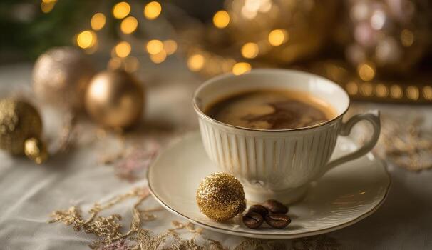 festivo café taza en un mesa, adornado con oro adornos y bokeh luces foto