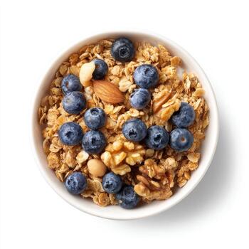 Bowl of granola with blueberries, nuts, and seeds photo