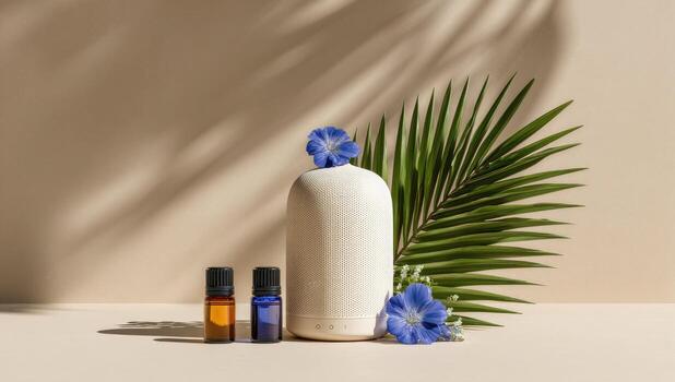 beige difusor con esencial petróleo botellas y tropical follaje foto