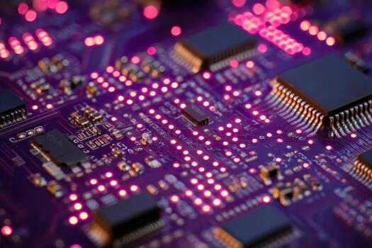 de cerca de un vibrante púrpura circuito tablero con brillante componentes foto