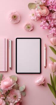 Pastel pink tablet, notebook, and flowers on a flat lay photo