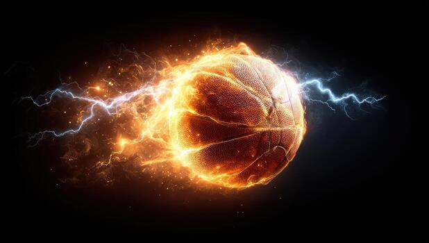 Fiery basketball engulfed in flames and lightning photo