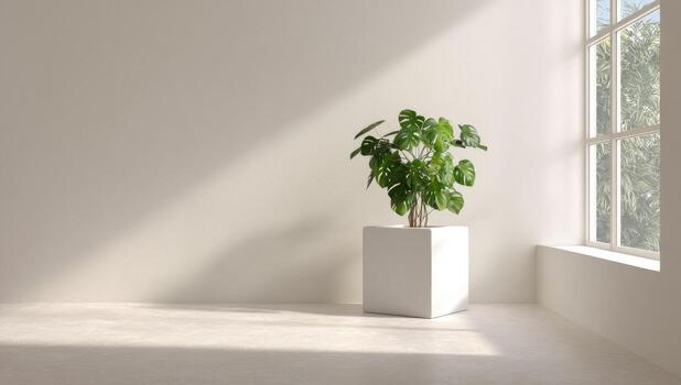 Minimalist room with plant. Sunlight streams through a large window photo