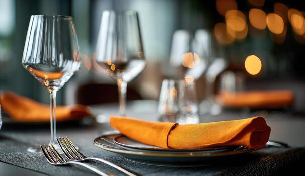Close-up of a restaurant table setting with orange napkins, glasses, and plates photo