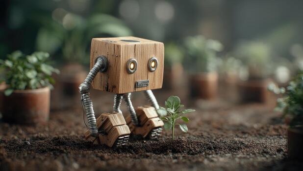 de madera robot tendiendo un planta de semillero en un jardín foto