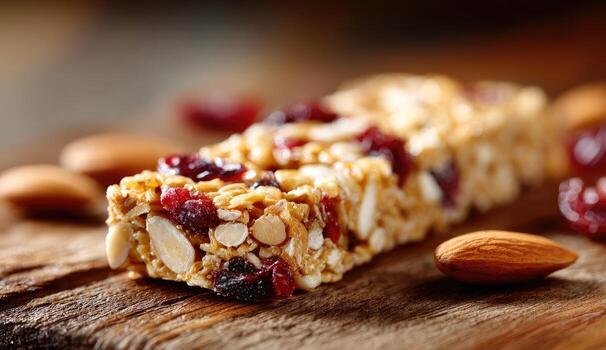 Close-up of a granola bar with almonds and cranberries photo