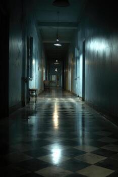 Dark, empty hospital hallway photo