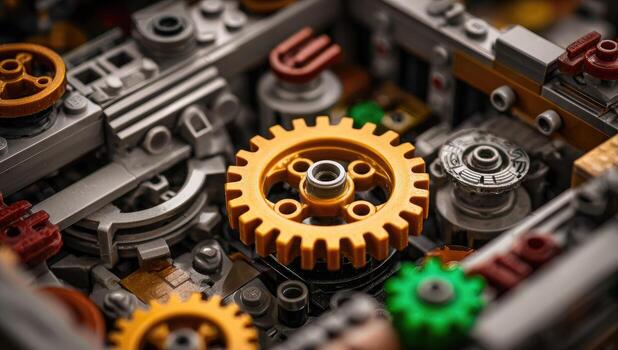 Close-up of intricate gear mechanisms, colorful plastic parts photo