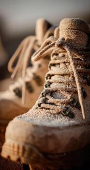 Close-up of a pair of light beige hiking boots with laces and eyelets photo