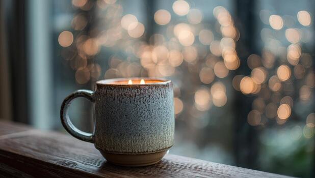 Cozy mug candle, warm glow, window view photo