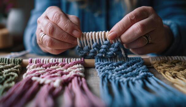 Hands meticulously crafting macrame wall hangings photo