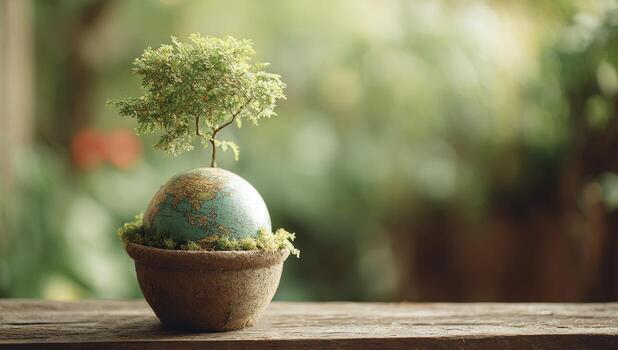 Miniature globe with bonsai tree, earth day concept photo
