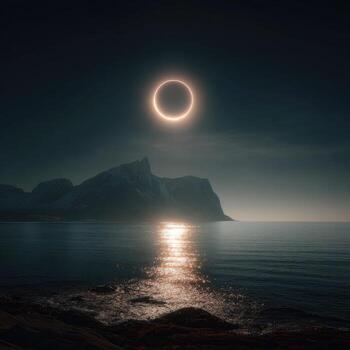 A stunning solar eclipse over a dark fjord photo