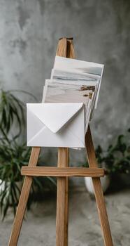 blanco sobres con fotos en un de madera caballete