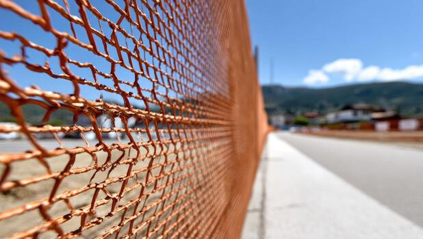 Orange safety netting fence, close-up photo