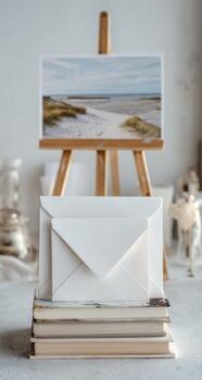 Coastal print on easel, white envelope photo