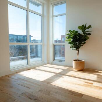 Sunlit corner room with large windows, city view, and potted fig tree photo