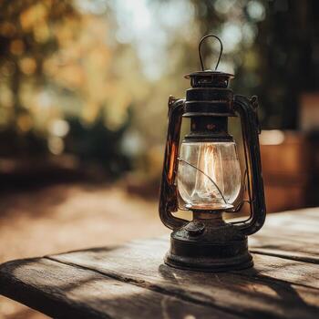 Rustic lantern on wooden table, warm outdoor setting photo