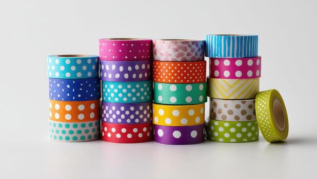 Colorful rolls of washi tape stacked in rows against white background photo