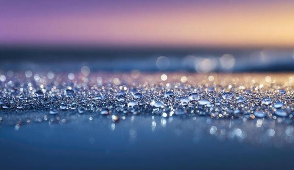Close-up of dew drops on a surface at sunrise photo