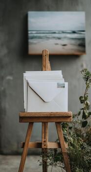 Stack of white envelopes on a wooden easel, with a framed art print behind photo