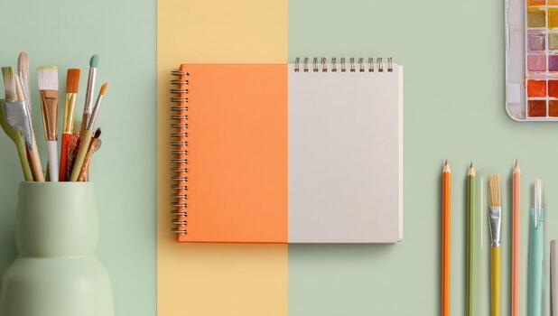 Flat lay of art supplies. Colorful art tools, notebook, and palette on pastel background photo