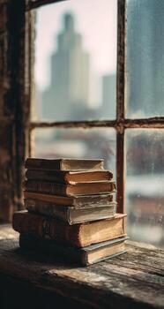 Stack of old books on a windowsill, city view beyond photo