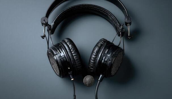 Black headphones with a microphone, top view on a gray background photo