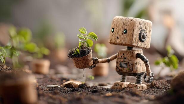 de madera robot tendiendo pequeño plantas en suelo foto