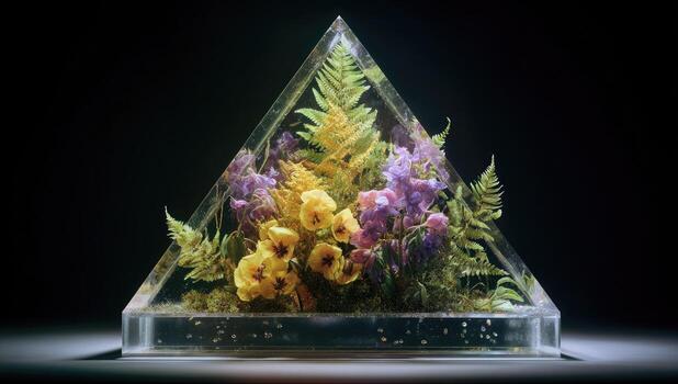 Floral arrangement in a clear triangular prism photo