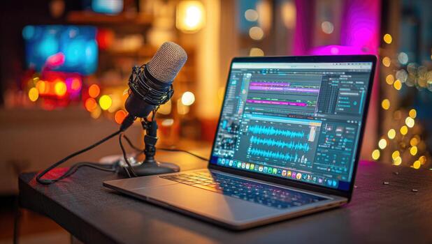 Laptop with audio software and microphone photo