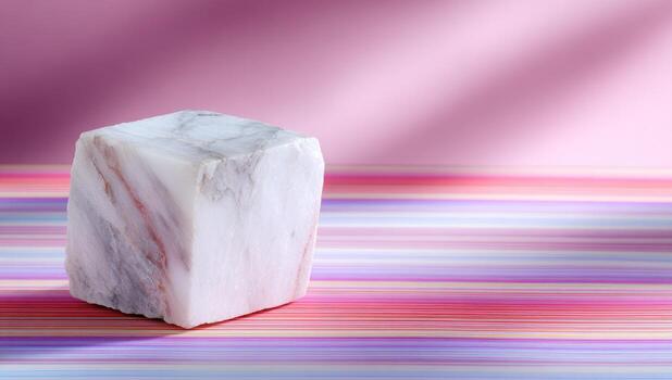Cubic marble block on colorful striped surface photo