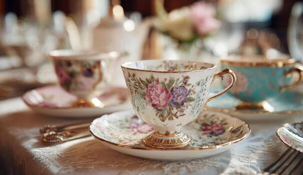 Floral teacups on a table setting photo